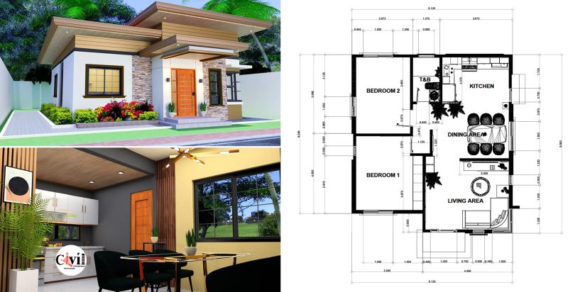 72Sq.m Modern Bungalow House Design 8.00m x 9.00m With 2-Bedroom ...