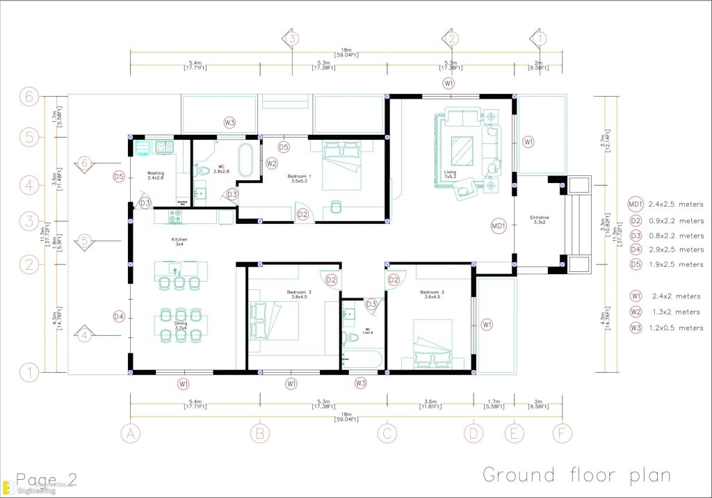 House Design Plan 11.5m ×18.0m With 3 Bedroom - Full Plan | Engineering ...